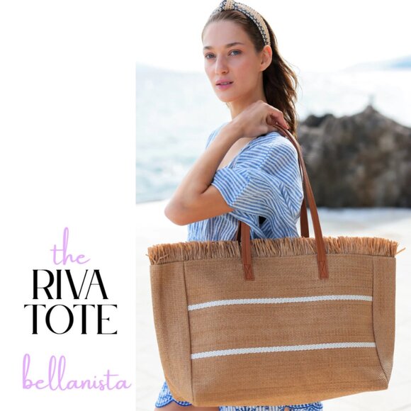 RIVA XL Natural Striped Fringed Straw Tote with Vegan Leather Handles - Picture 2 of 2